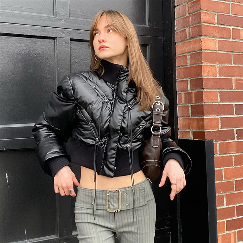 

Зимние толстые байкерские куртки MONMOIRA с кулиской, женские куртки на молнии с высоким воротником и подкладкой из хлопка, женские укороченные пуховики, пальто для женщин