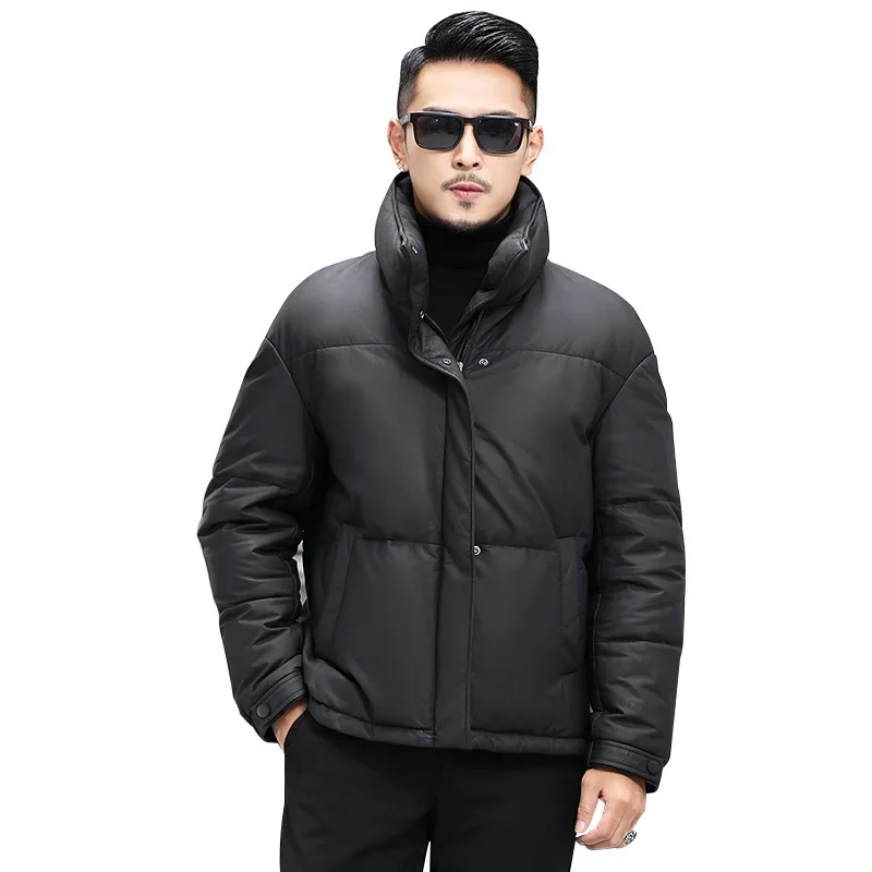 Зимний новый первый слой из воловьей кожи пуховик мужская черная короткая