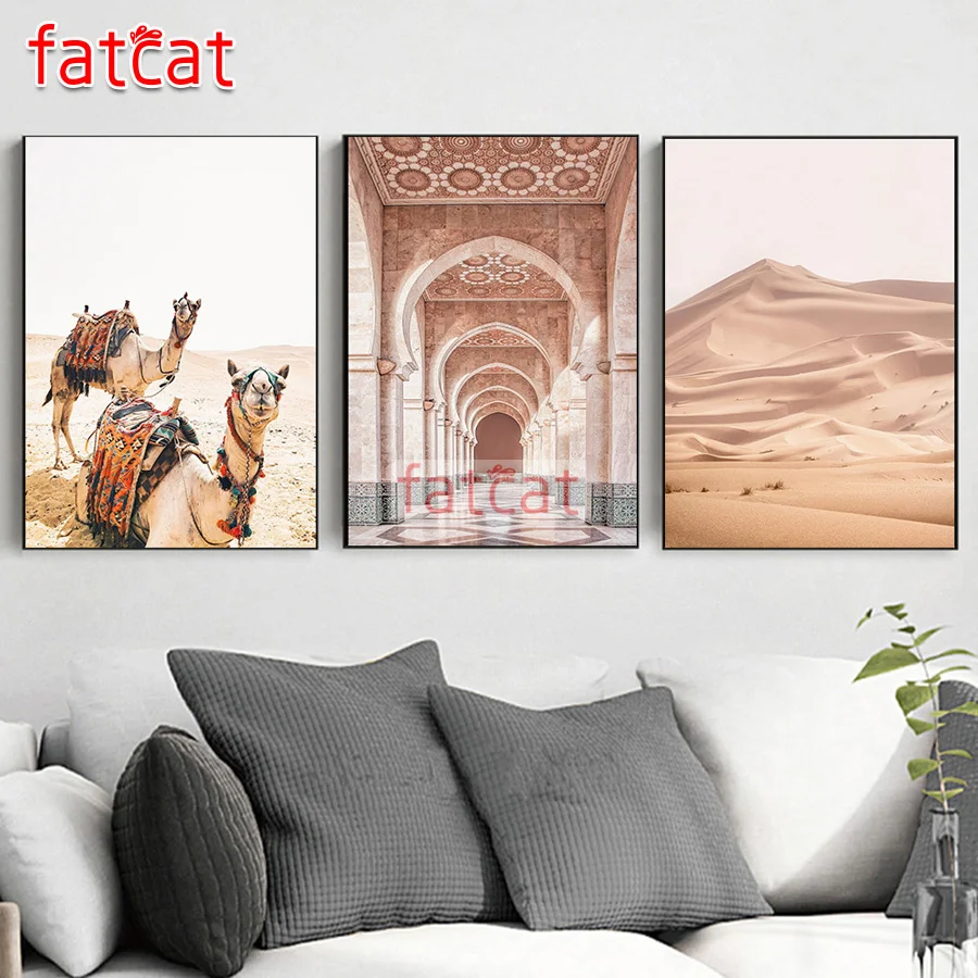 

FATCAT Марокканская дверь верблюд пустыня Триптих алмазная живопись 5d полная квадратная Круглая Мозаика вышивка рукоделие домашний декор AE3298
