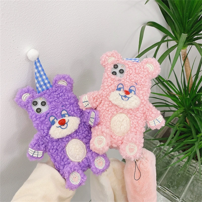 

Korean Cute 3D Cartoon Plush Bear Phone Case For iPhone 11 12 13 Pro XS Max X XR SE 7 8 Plus Winter Soft Silicone Back Cover