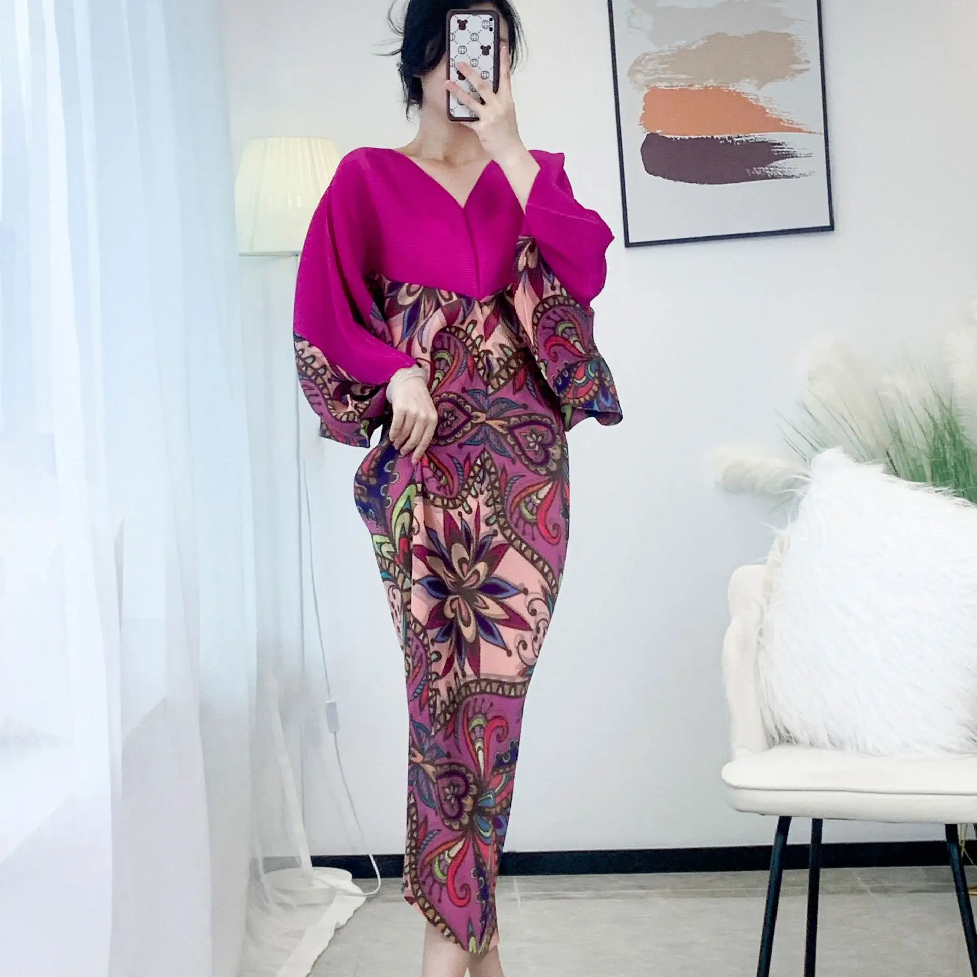 

Женское плиссированное платье миаке, весеннее модное свободное вечернее платье с V-образным вырезом и рукавами «летучая мышь» в стиле ретро, 2023