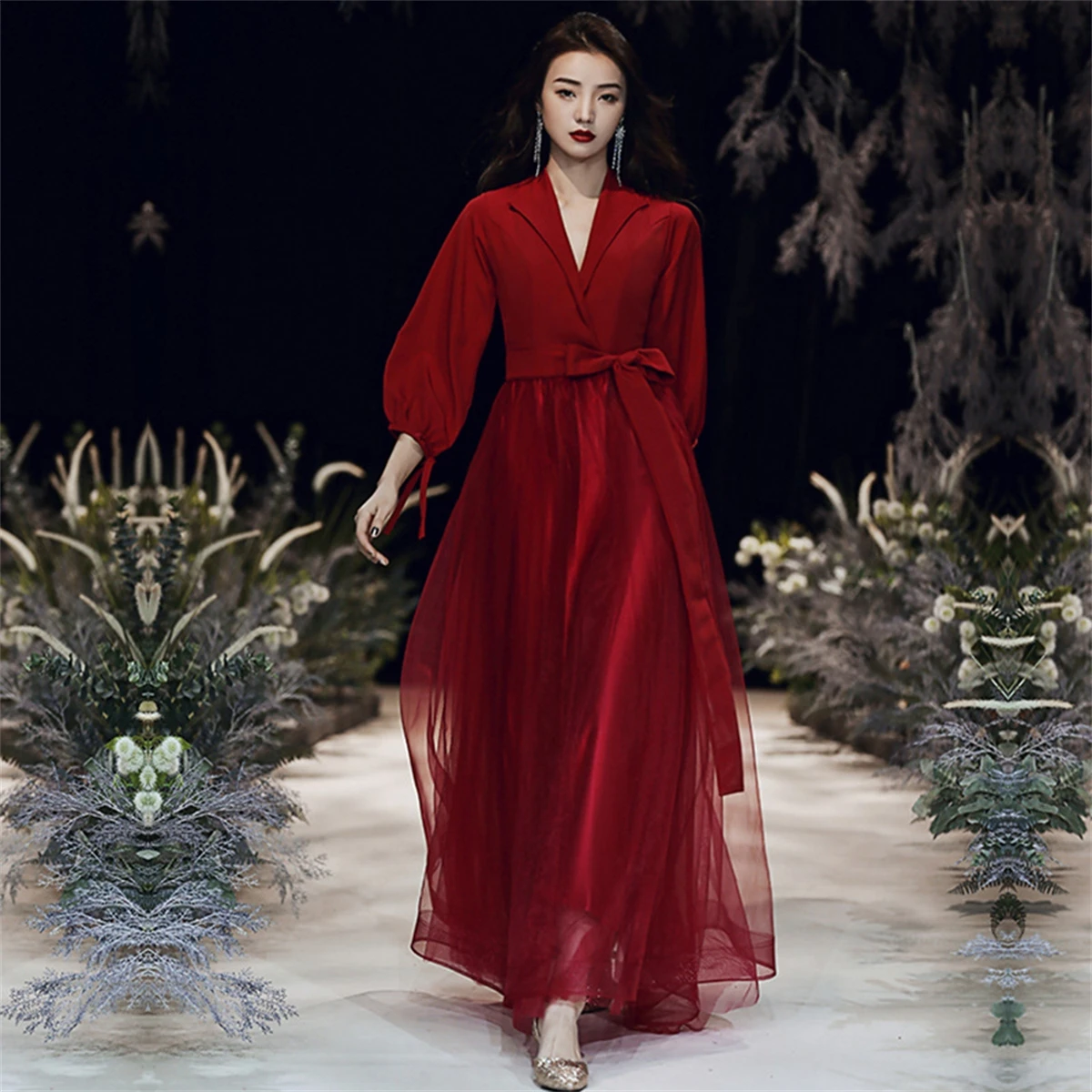 

5Noble V Neckline Prom Ankle Length Gown Bow Club Three Quarter Sleeve Cocktail Formal Party Lady Red Evening Dress