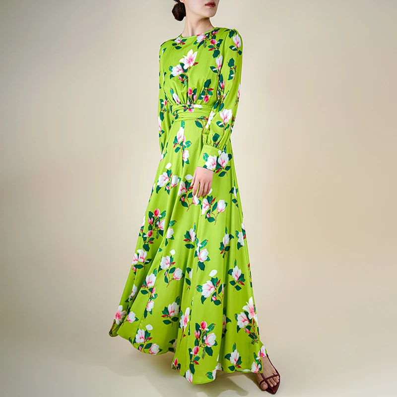 Runway Designer Vintage Green Floral Long Dress Women 2023 Spring Summer Elegant O-neck Long Sleeve Pleated Maxi Dress