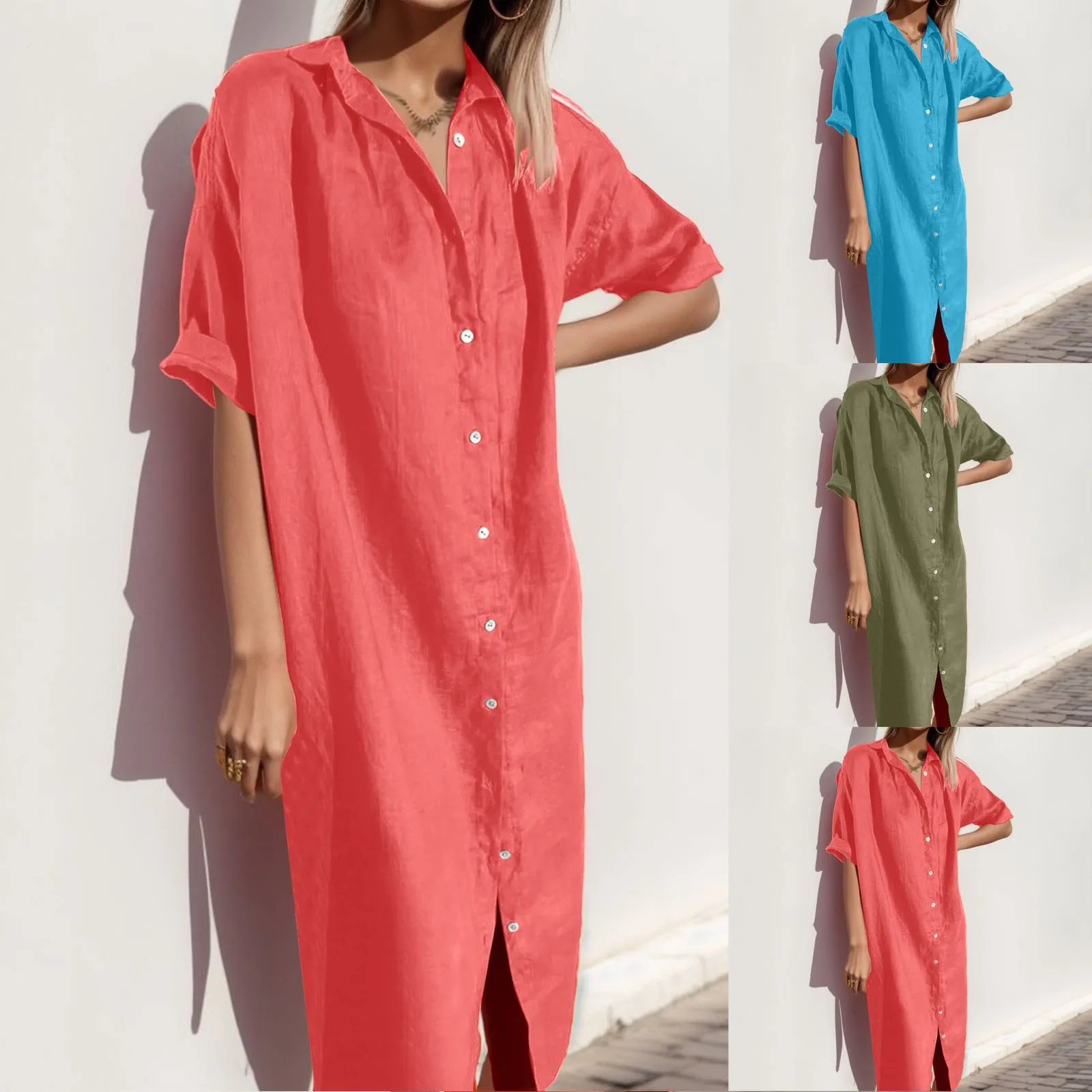 

Women's Shirt Dress Casual Dress Midi Dress Daily Casual Shirt Collar Button Short Sleeve Dress Women Short Casual Dress