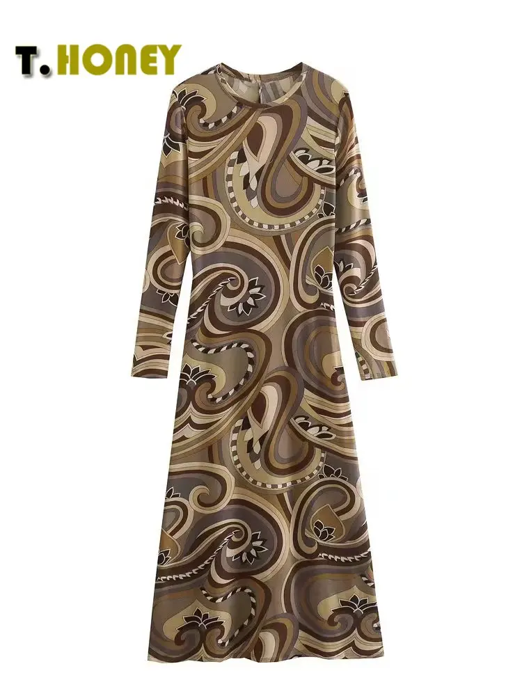 

TELLHONEY Women Fashion Print O-Neck Knitted Midi Dress Female Casual Long Sleeves A Line High Waist Slim Dresses