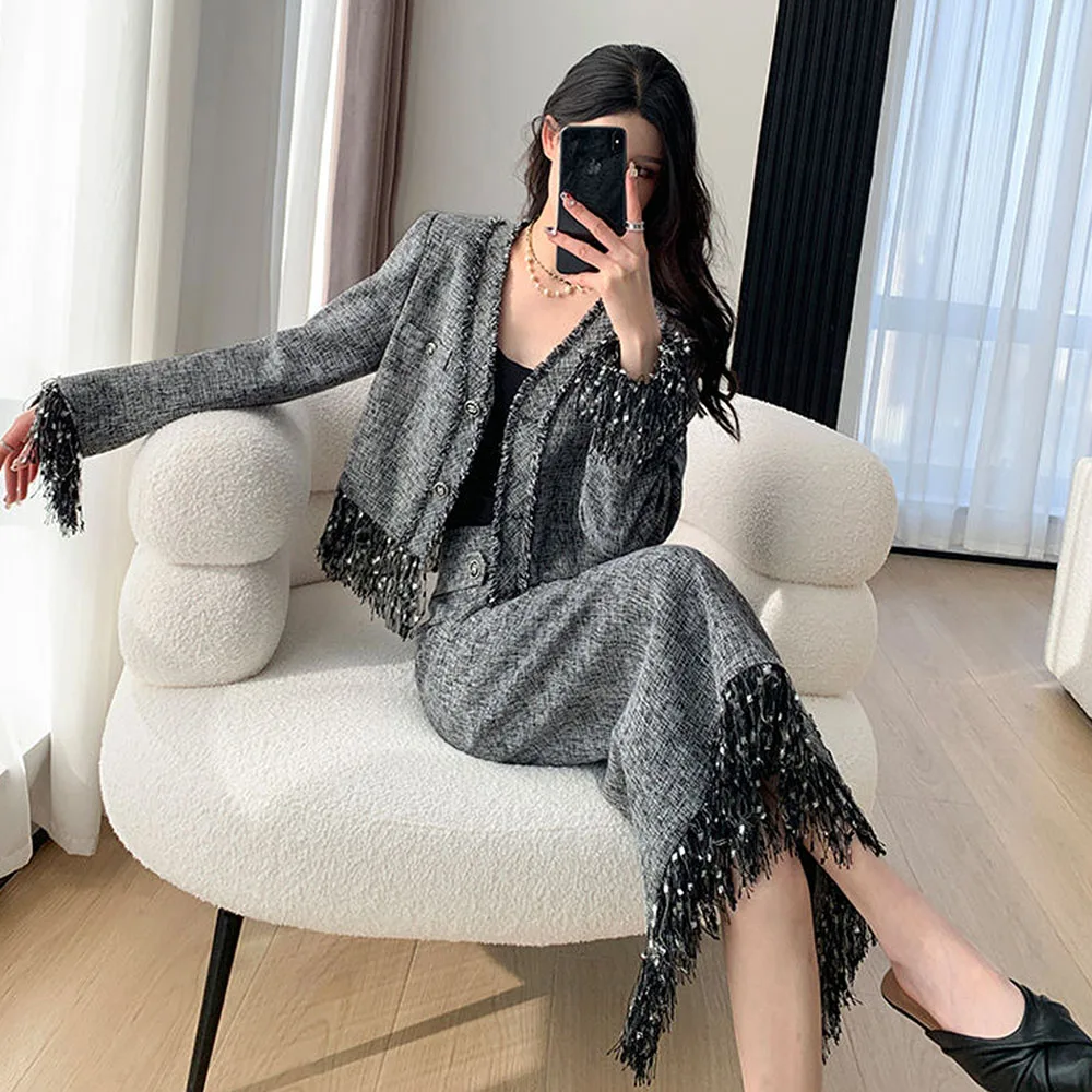 

Spring Autumn 2023 Korean Gray Tassel Tweed Jacket Women Elegant + Fashion Fringe Design Long Skirts Coat Two Piece Sets Femme