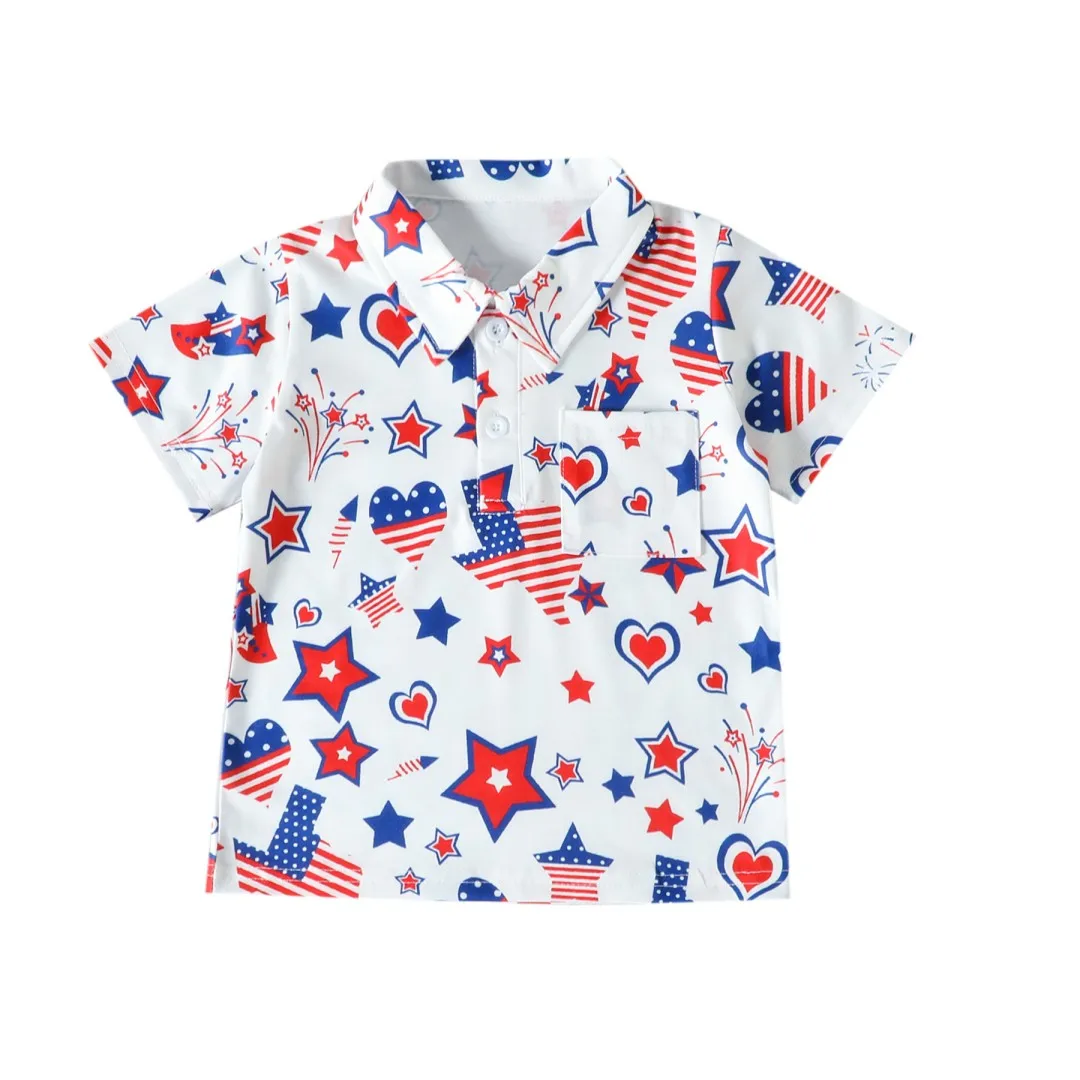 

Independence Day 4th of July Summer Boutique Boys Clothing White Short Sleeve Shirt Firework Rocket Cartoon Print