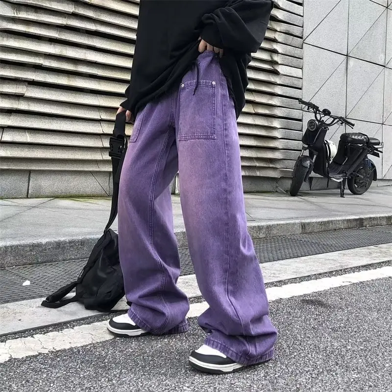 Purple Jeans for Men Spring and Autumn Straight Loose Trousers Oversize Casual Wide Leg Pants High Street Fashion Male Clothing
