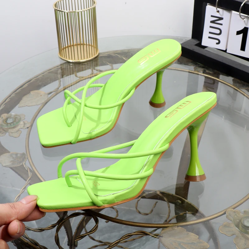 2023 New Summer Sexy Square-headed Thin Ribbon Women's High Heels Joker Solid Color Plus Size Sandals free shipping promotion