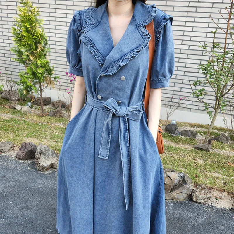 

VANOVICH Korean Style Summer Vintage Turn-down Collar Fungus Edge Patchwork Double-breasted Belt Waist Puff Sleeve Denim Dress