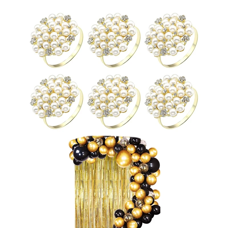 

1 комплект, черные и золотые шары с золотыми звеньями, гирлянда и 6 шт. стразы, держатели для салфеток