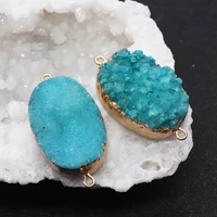 irregular oval druzy crystal natural stone two hole pendant charms quartz for jewelry making necklace blue connector accessories