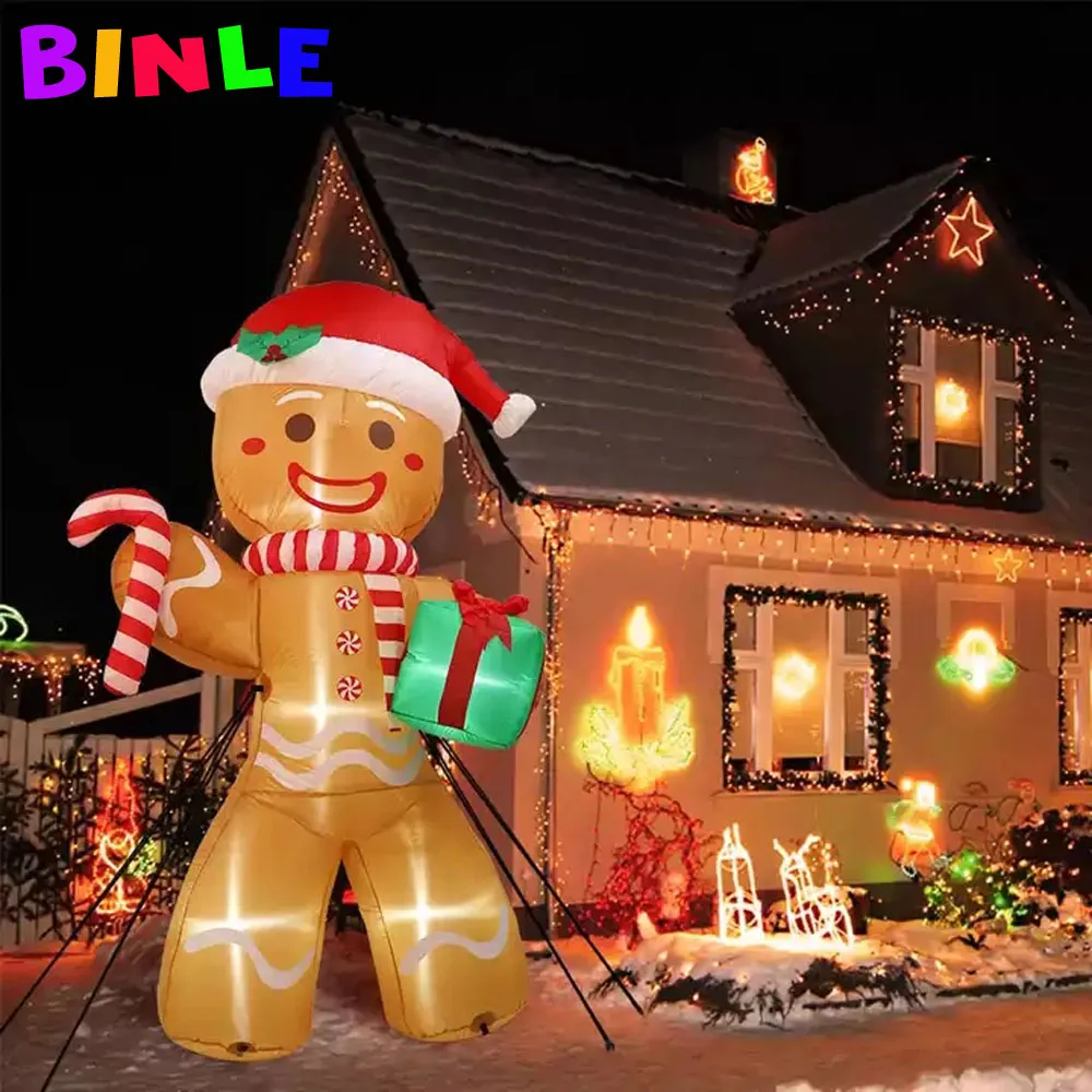 Cheerful 5metersH giant Gingerbread Man with red hat flying inflatable parade balloon for outdoor Christmas decoration