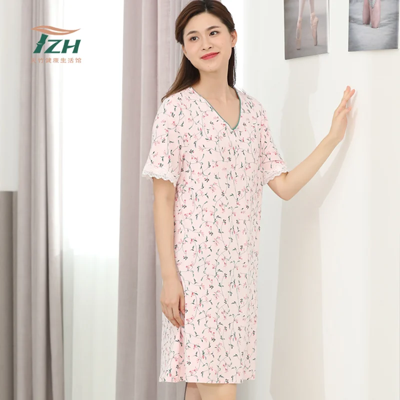 

Tzh Brand Pajamas Summer Women's Thin Sexy v-neck Pink Print Nightdress Bamboo Fiber Soft Skirt