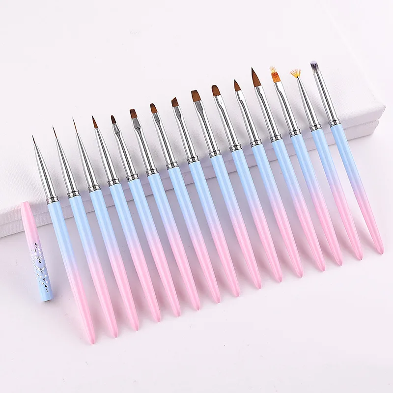 

15pcs Nail Brush Set Gradual Pink Drawing Line Pen Halo Light Therapy Painting Pen Metal Tube Manicure Tool Nail Accessories