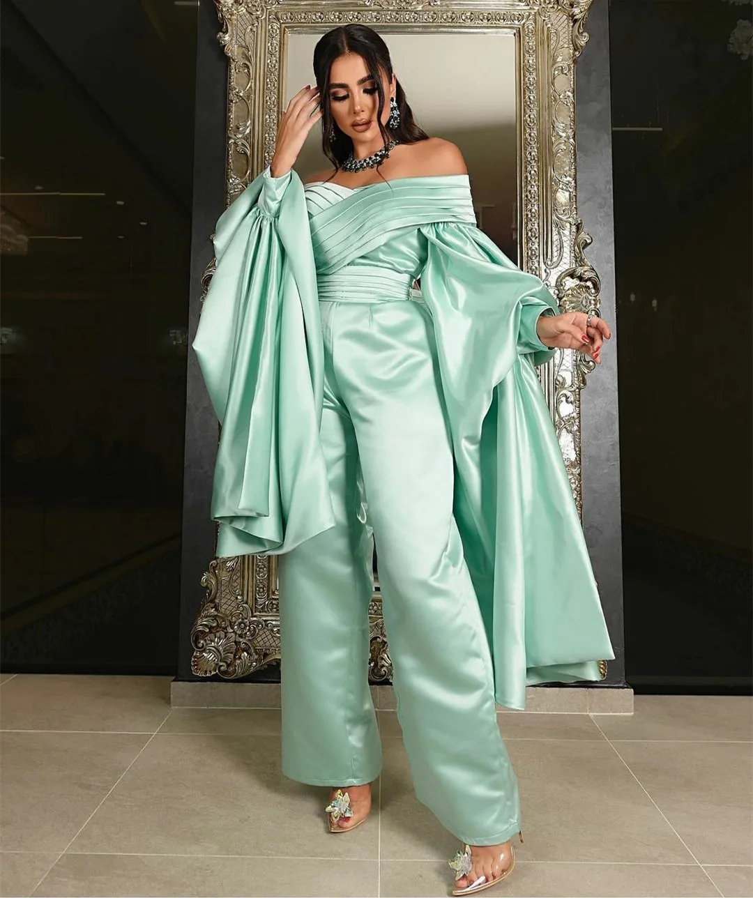 

Классический зеленый комбинезон, вечерние платья с карманами, а-силуэт, с длинным рукавом, брючный костюм в пол, платье для выпускного вечера для женщин