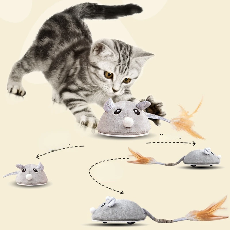 

Interactive Mouse Toy for Cats USB Charging Moving Rat with Feather Toys Play-Catch Training Toy for Indoor Kittens Pets Supply