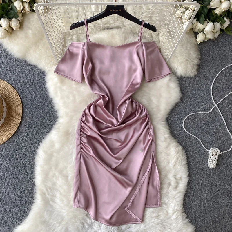 

Foamlina New Summer Satin Dress Women Sexy Spaghetti Strap Cold Shoulder Short Sleeve Folded Side Split Knee Length Party Dress