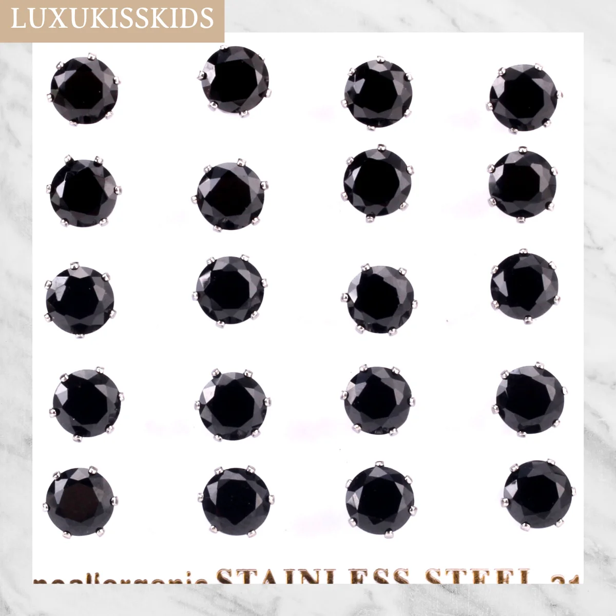 Люксукискидс 3ММ-10ММ 10 пар/лот Бриллиантовые круглые чёрные серьги с кубическим цирконием из нержавеющей стали для малого бизнеса.
