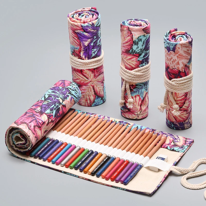 

12/24/36 Holes Color Maple Leaf Handmade Canvas Pen Curtain Boys Girls Painting Pencil Bag Sketch Color Pencil Storage Bag