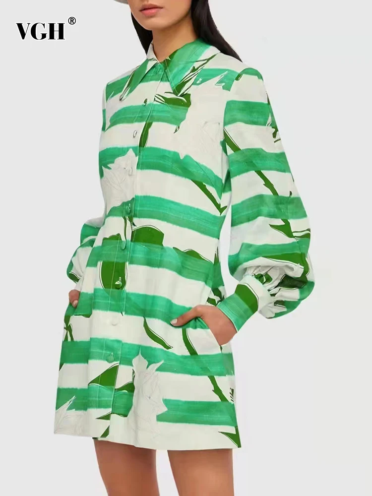 

Женское Повседневное платье в полоску VGH, свободное однобортное мини-платье с отложным воротником и длинными рукавами-фонариками, весенняя ...