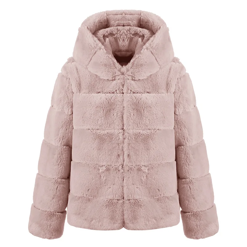2022 New Short Faux Fur Coat Solid Color Loose Horizontal Patchwork Hooded Coat Imitation Fur Warm Coat Autumn Winter