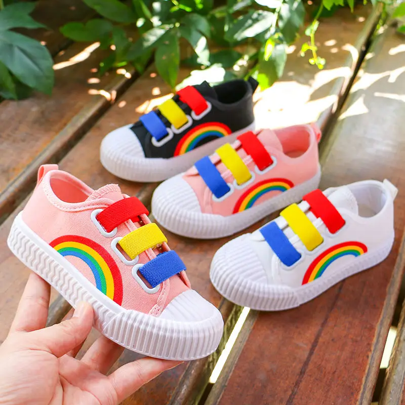Feerldi Brand Elastic Lace Sneakers for Children Girl Canvas Moccasin Kids Trainers Non-slip Girls Canvas Flat Rainbow Shoes