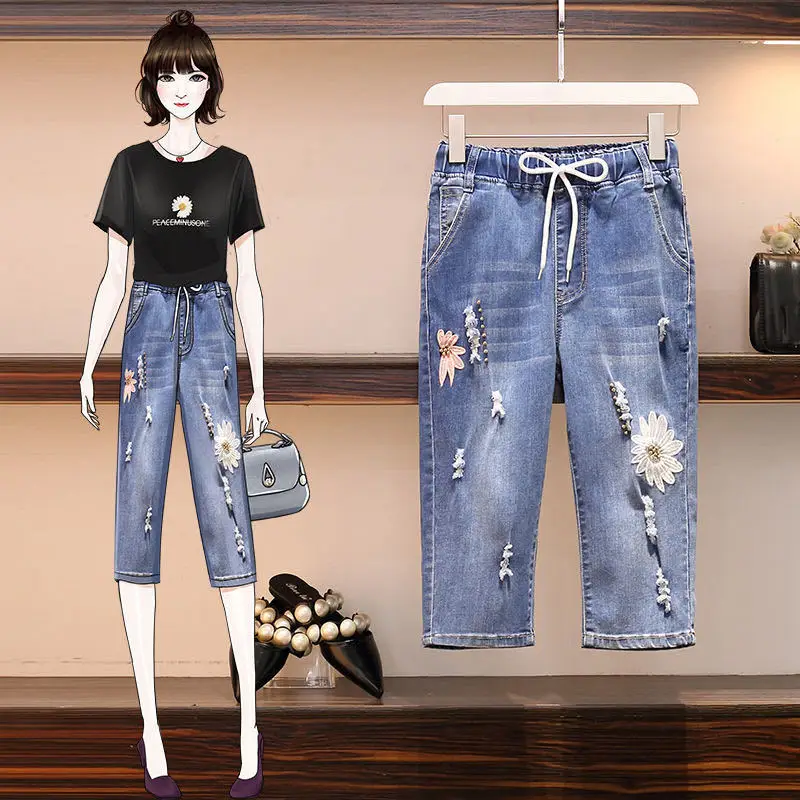 

Women Jeans 2022 Summer High Waist Patch Denim Cropped Pants Female New Elastic Waist Embroidered Calf Length Harem Pants E55