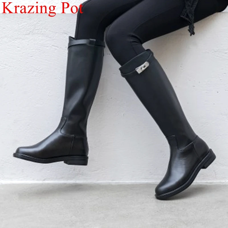 

Krazing Pot Big Size Cow Leather Classics Metal Decoration Thigh High Boots Warm Brand Low Heels Solid Riding Knee-high Boots