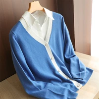 womens 100 wool spring and autumn new v neck colorblock pearl button wool cardigan loose fashion delicate soft skin friendly
