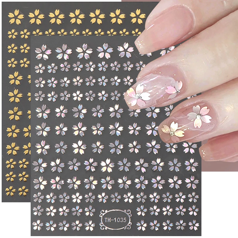 

3D Laser Sakura Flower Nail Stickers Cherry Blossom Nail Art Stickers Aurora Floral Nail Decals Flower Petals Stickers for Nails