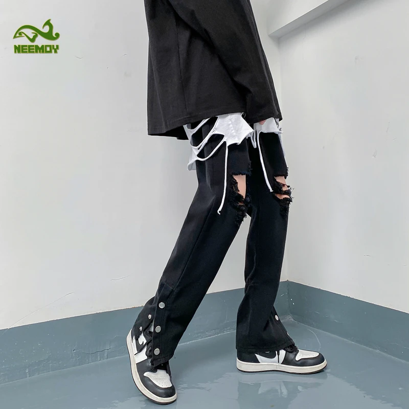 Neemoy 2022 New High Street Ripped Hole Hole Jeans Slim Flared Pants Men and Women High Waisted Denim Jeans Sexy Ripped Jeans