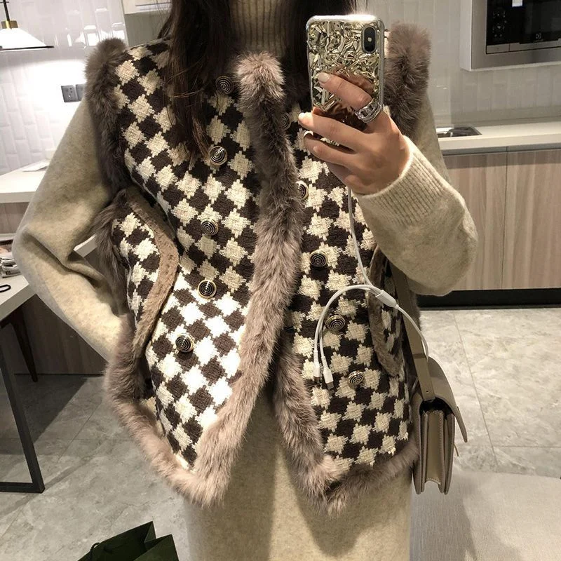 

Tweed Waistcoat Women Autumn Winter Mink Fur Houndstooth Vests Lady Sleeveless Jacket Fleece Thicken Irregular Woolen Vests Coat