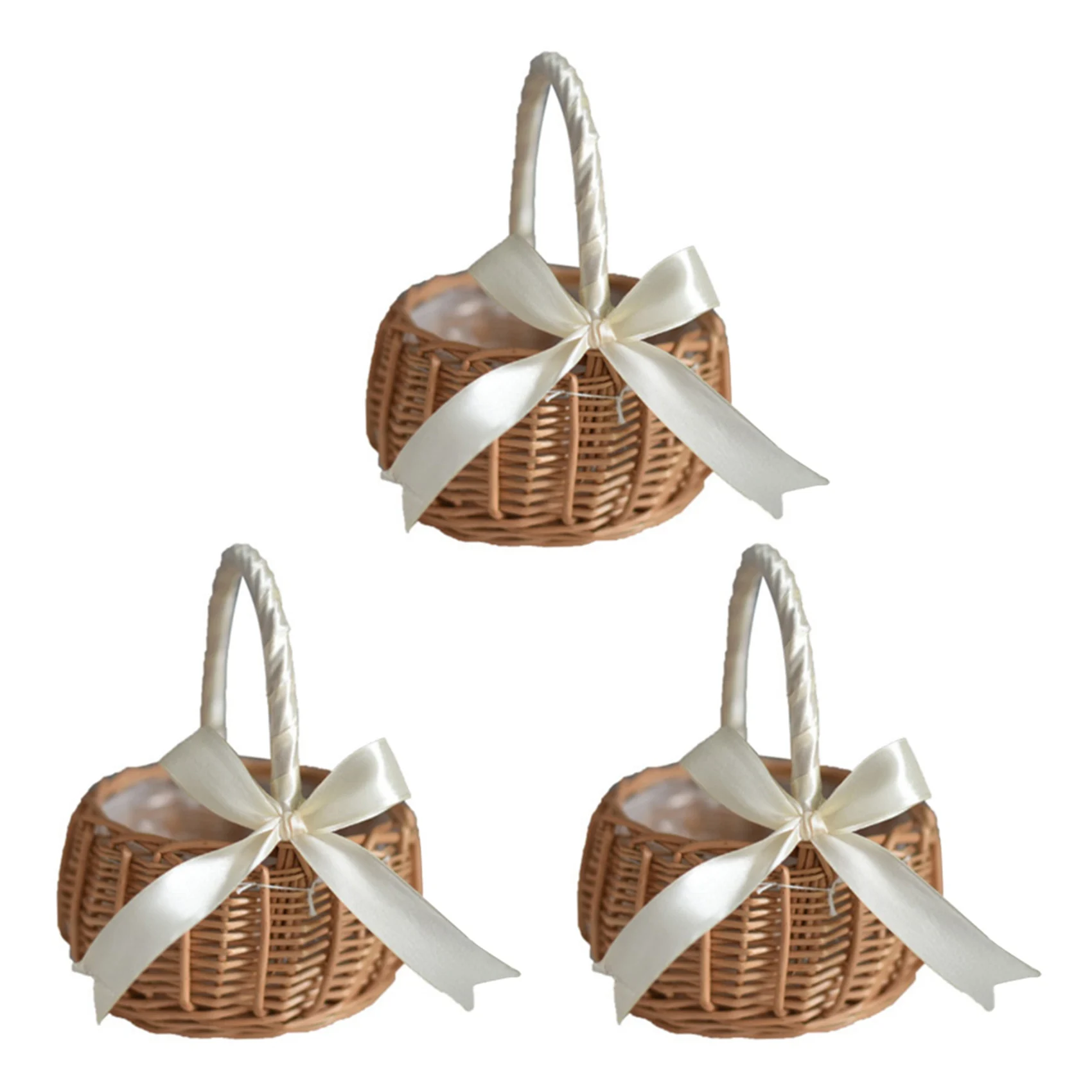 

3X Woven Flower Basket Rattan Storage Basket Flower Girl Hand Basket Handmade Flower Basket With Bow, S