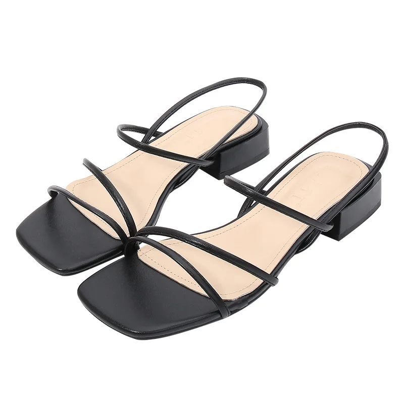 Summer Women Sandals 34-43 Big Size Square Toe Narrow Band Flip Flops Chunky Low Heels Gladiator Sandalias Open Toe Brief Sandal