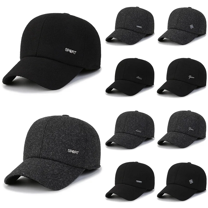 

Зимняя уличная плюшевая бейсболка для мужчин, Черная кепка с козырьком, утепленная бейсболка с защитой ушей, регулируемые наушники, головны...