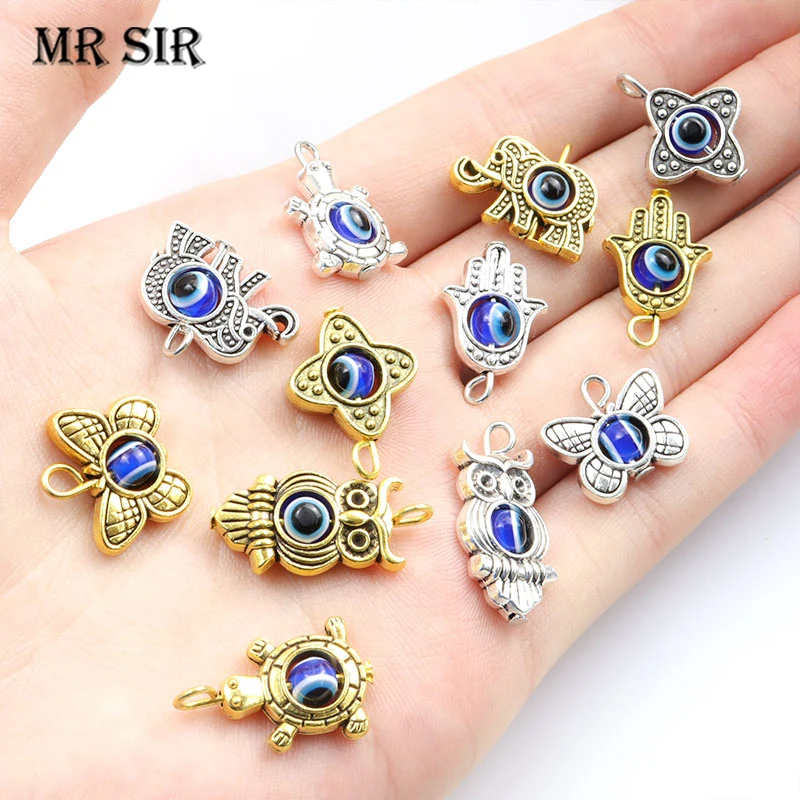 

10/12/15/20pcs Hamsa Hand Blue Turkish Evil Eye Charm Owl Elephant Turtle Butterfly Amulet Evil Nazar Eye Lucky Pendant Findings