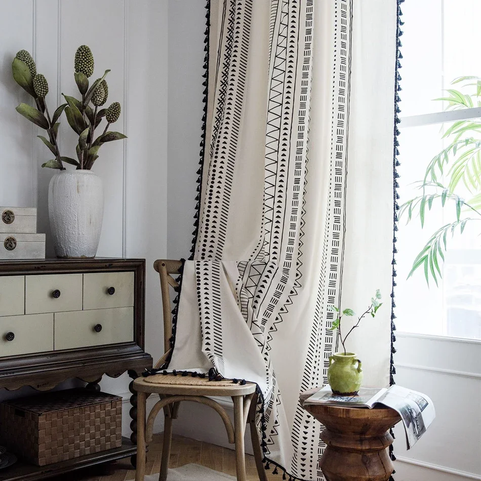 Льняные шторы с геометрическим узором дорожные карманные кисточками для кухни