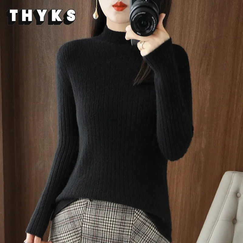 

Women Half High Neck Sweater Matching Slim Knit Pullover Pit Stripe Bottoming Shirt Autumn and Winter 2022 New OL Wool Knitwear