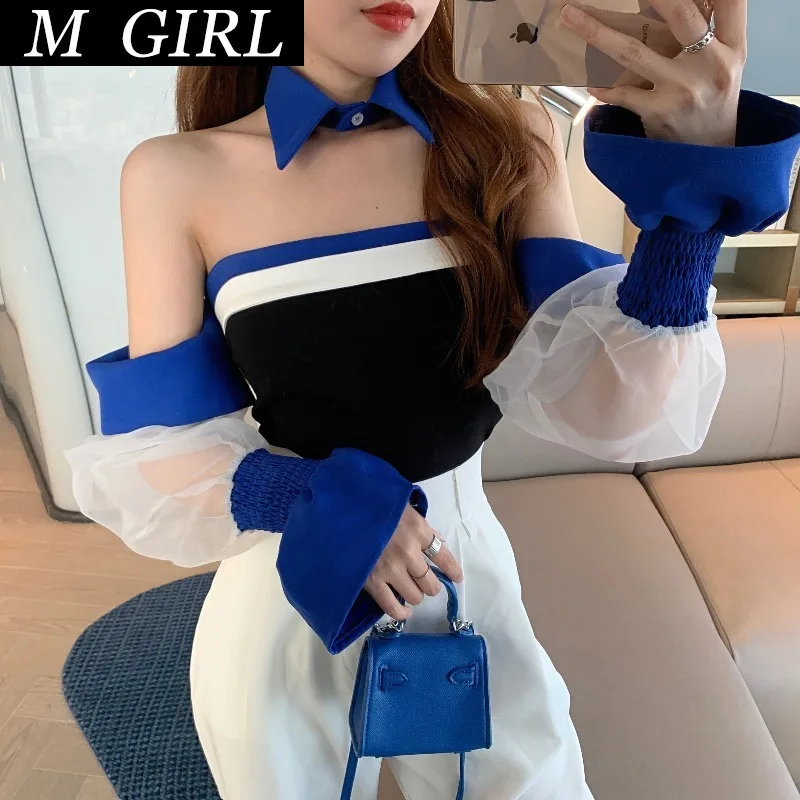 Chic Korean Women Clothes Sexy Off shoulder Strapless Organza Stitching Tube Top Shirt 2021 Summer Flare sleeve Women's Top