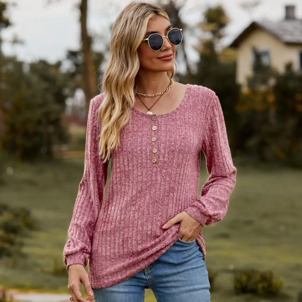 

Women T-shirt Stylish Women's Striped Texture T-shirt Button Decor Elastic Cuff Soft Breathable Fabric for Spring Autumn Loose