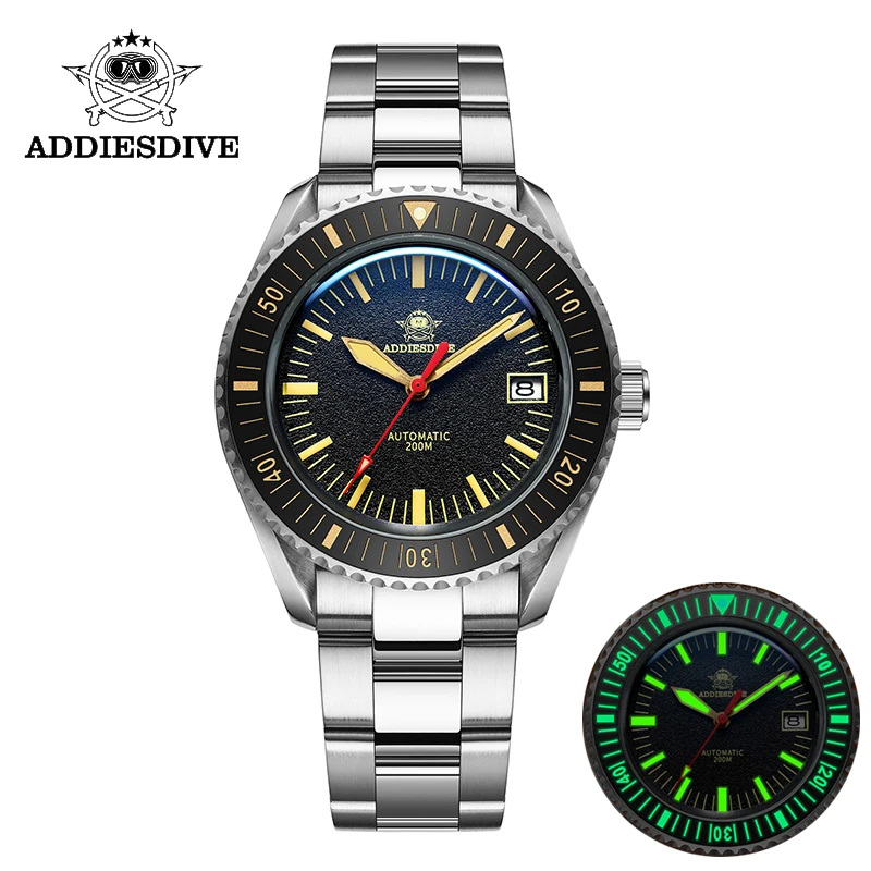 

Addiesdive Luxury Men Watch AD2105 Leather Strap NH35 Movement Automatic Mechanical Fire Pattern Dial C3 Lume 200M Dive Orologi