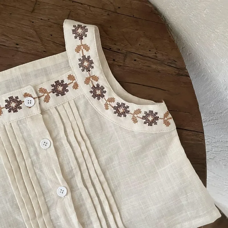 Летние комплекты одежды для девочек короткий хлопковый жилет с вышивкой в