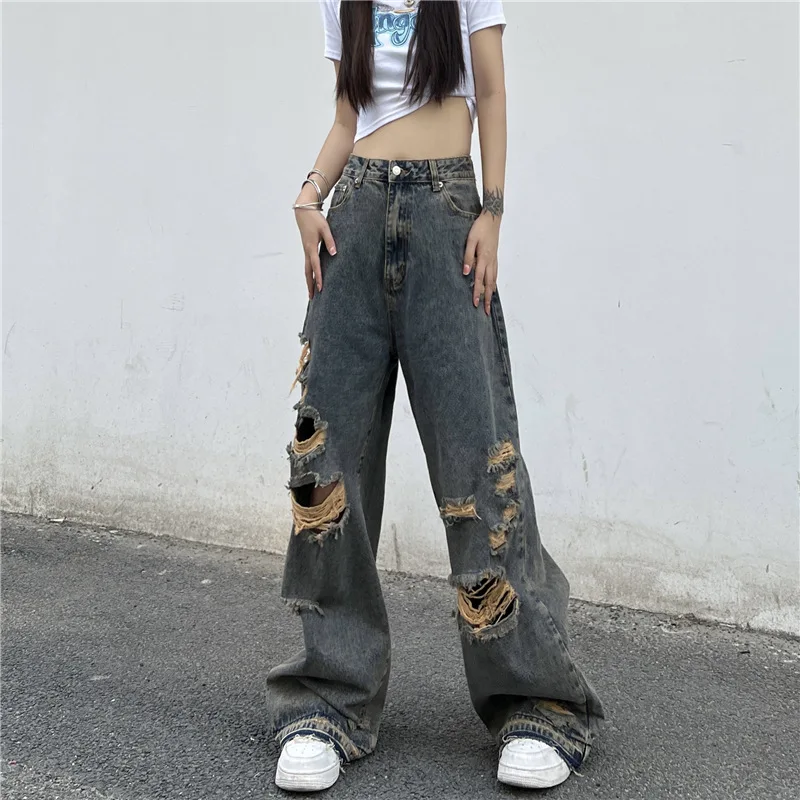 Ripped jeans for women personality street trend old washed high waist jeans retro hip hop couple casual pants Harajuku y2k pants