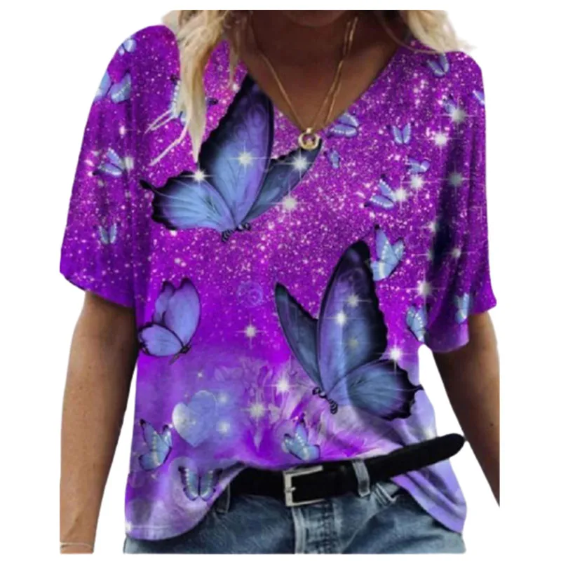 

Fashion Streetwear Casual V-Neck Loose Ladies T Shirt Summer Half Sleeve Women Butterfly 3D Print Tops Plus Size T Shirt