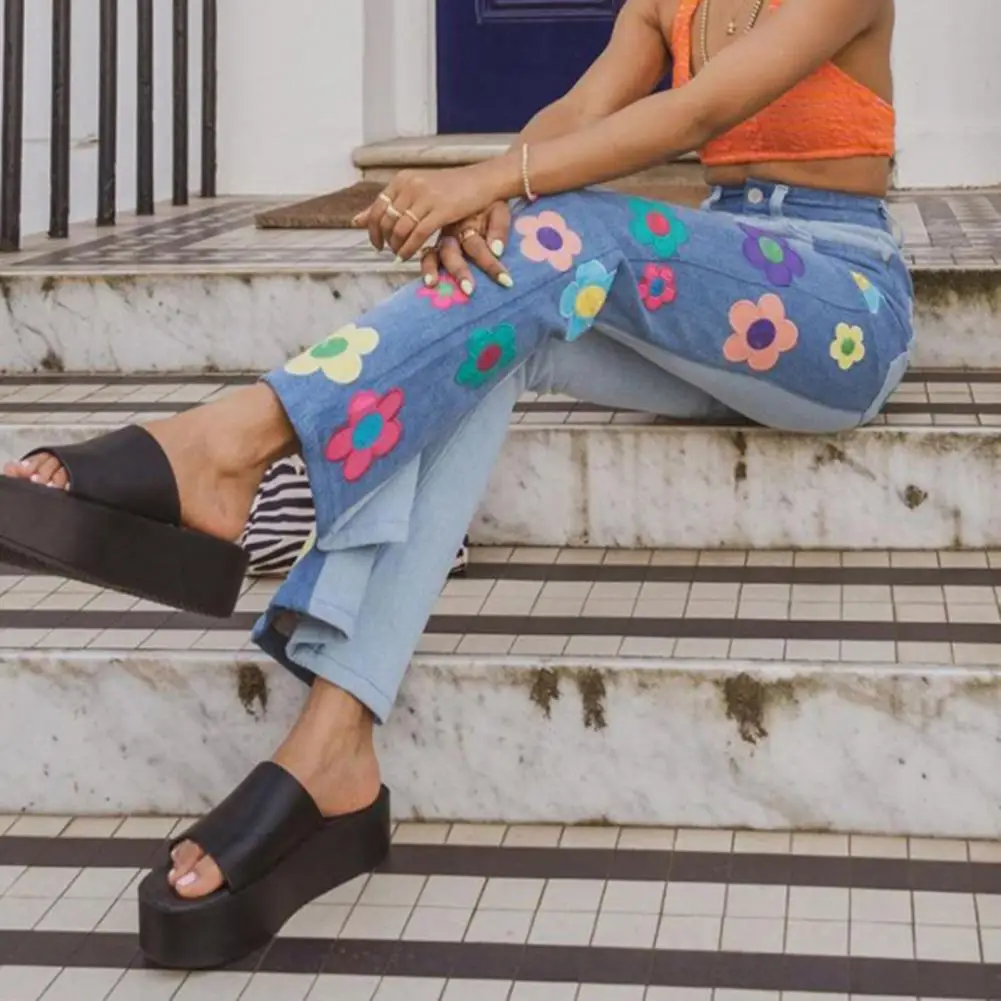 

Lightweight Stylish Women Flared Long Pants Sports Jeans Button Fly Flare Jeans Patchwork Color Female Clothes