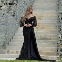 verngo black lace mermaid evening dresses off the shoulder puff long sleeves satin luxury dubai women prom dress formal gowns