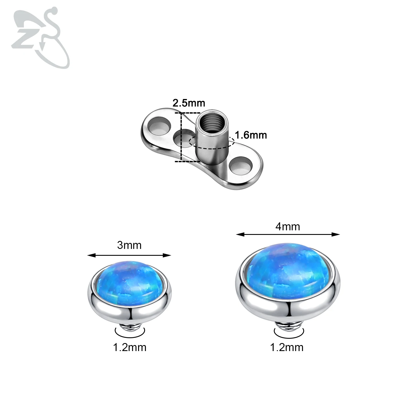 ZS 1 шт. цветной фианит Кристалл дермальный Пирсинг 3/4 мм опал якорь Топы