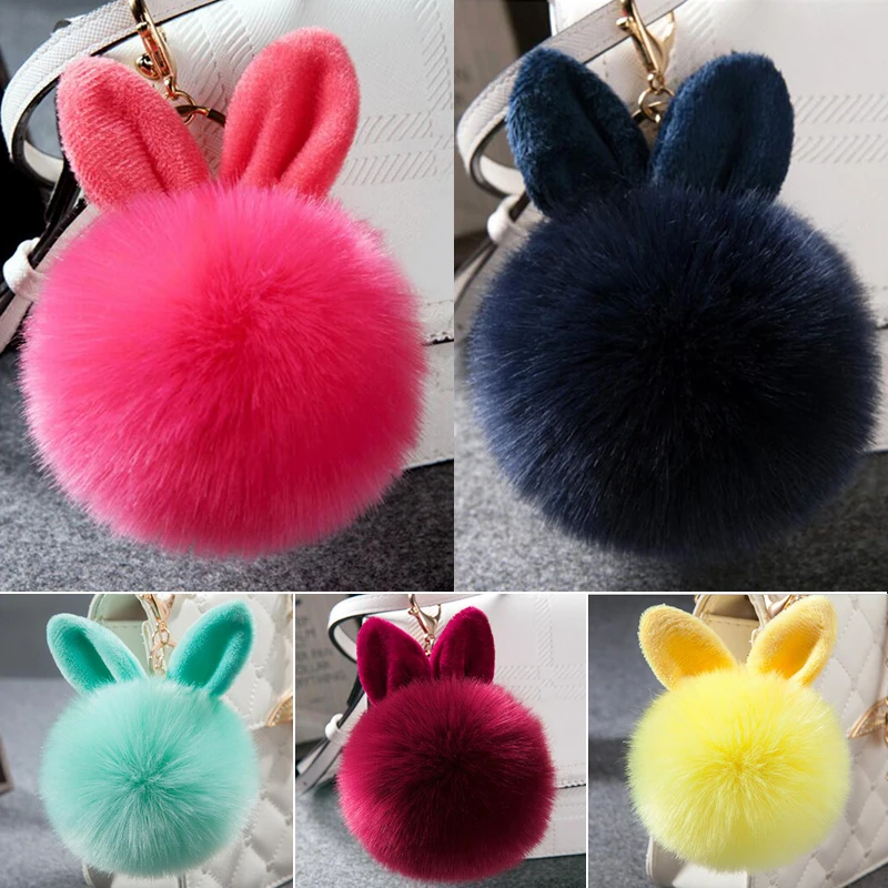 

New Cute Fluffy Bunny Toys Ear Keychain Rabbit Key Chain Fur Woman Bag Charms Keyring Pom Pom Car Pendant Pompom Holder Jewelry