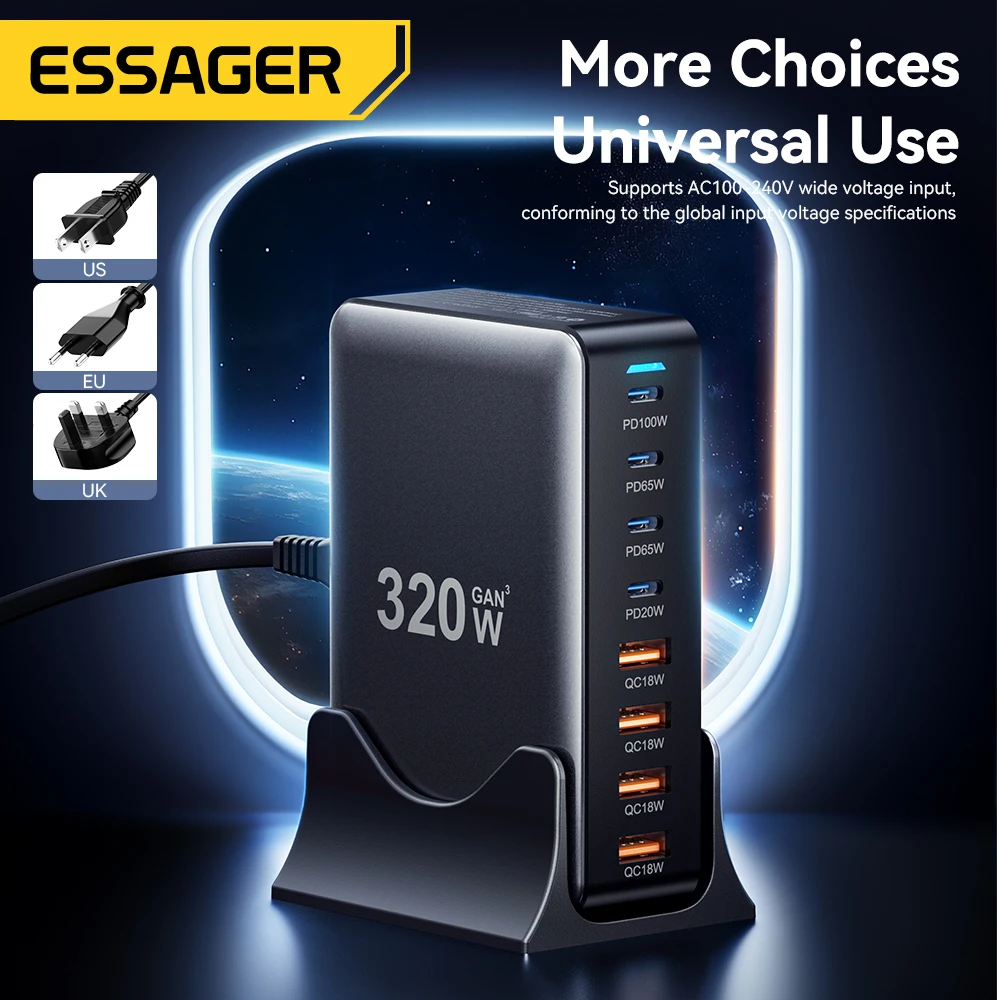 Essager 320 Вт GAN Fast Charge 3.0 USB Type C Быстрое зарядное устройство 8-портовое PD 100 для MacBook Pro